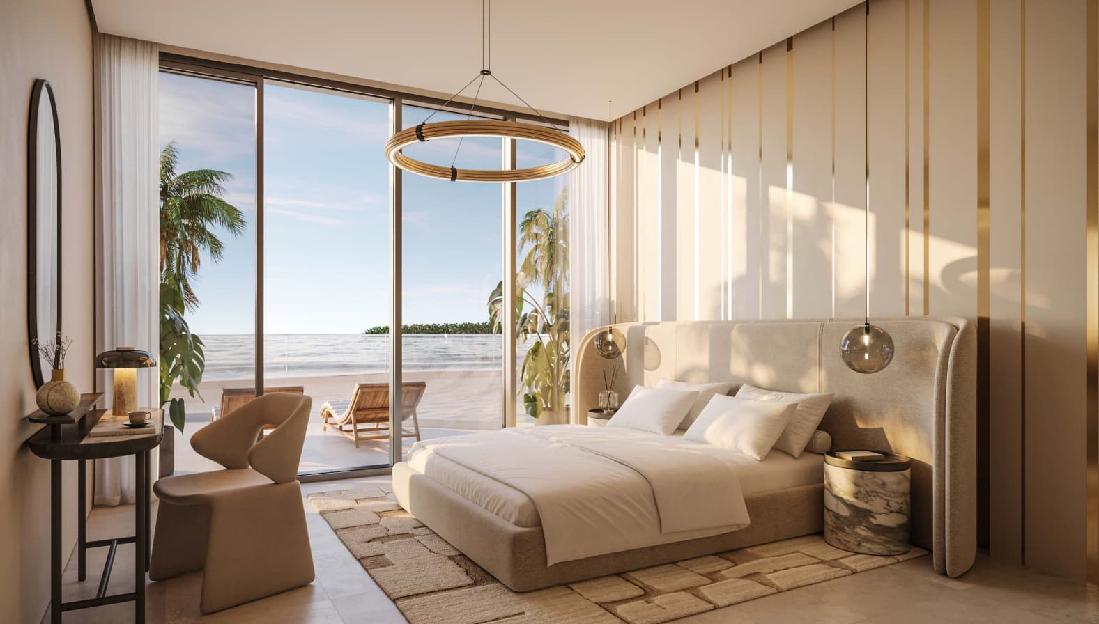 Bedroom with direct terrace access and beach view