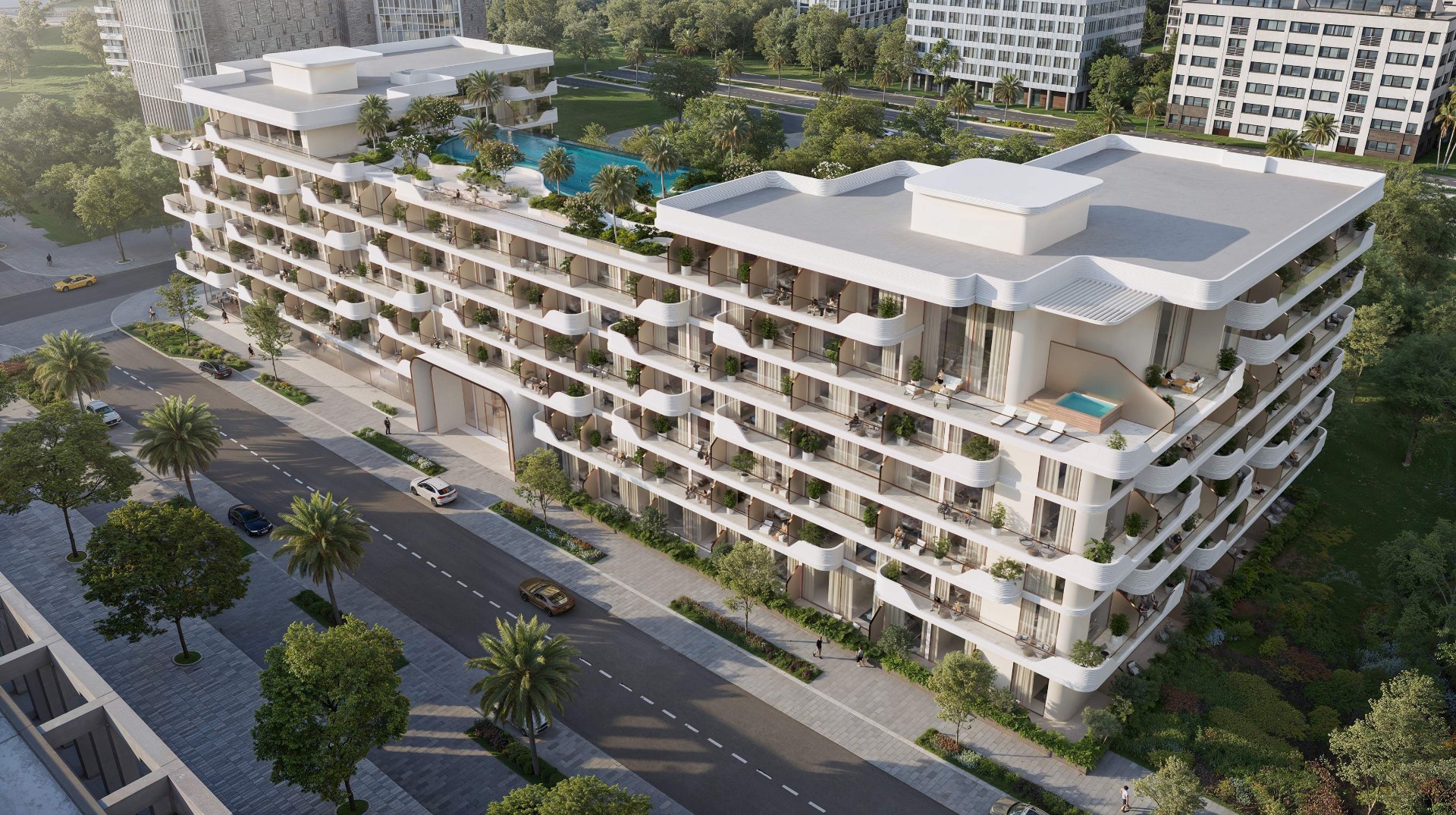 Oxford Cove – letecký pohled na low-rise butikový rezidenční komplex v JVC