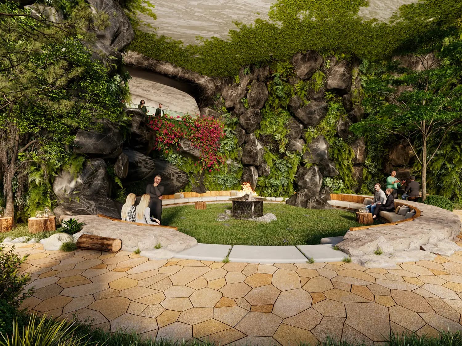 Rock grotto with fire pit, circular seating and waterfall inside a vertical jungle