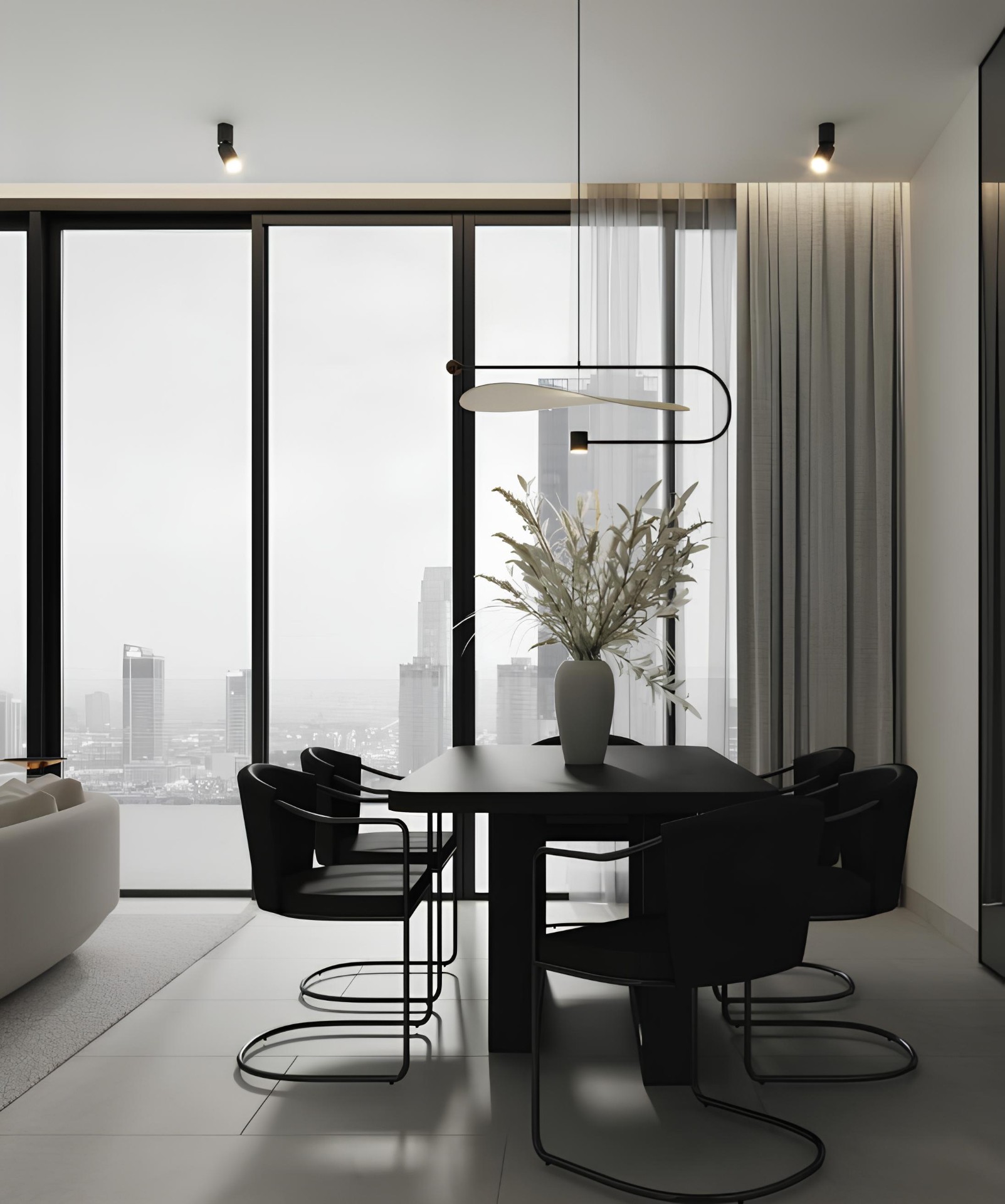 Sonate apartment dining area with floor-to-ceiling glazing and Dubai skyline view